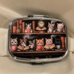Library Book Cats Pill Travel Pill Box 2 Compartment Medicine Pill Case NEW